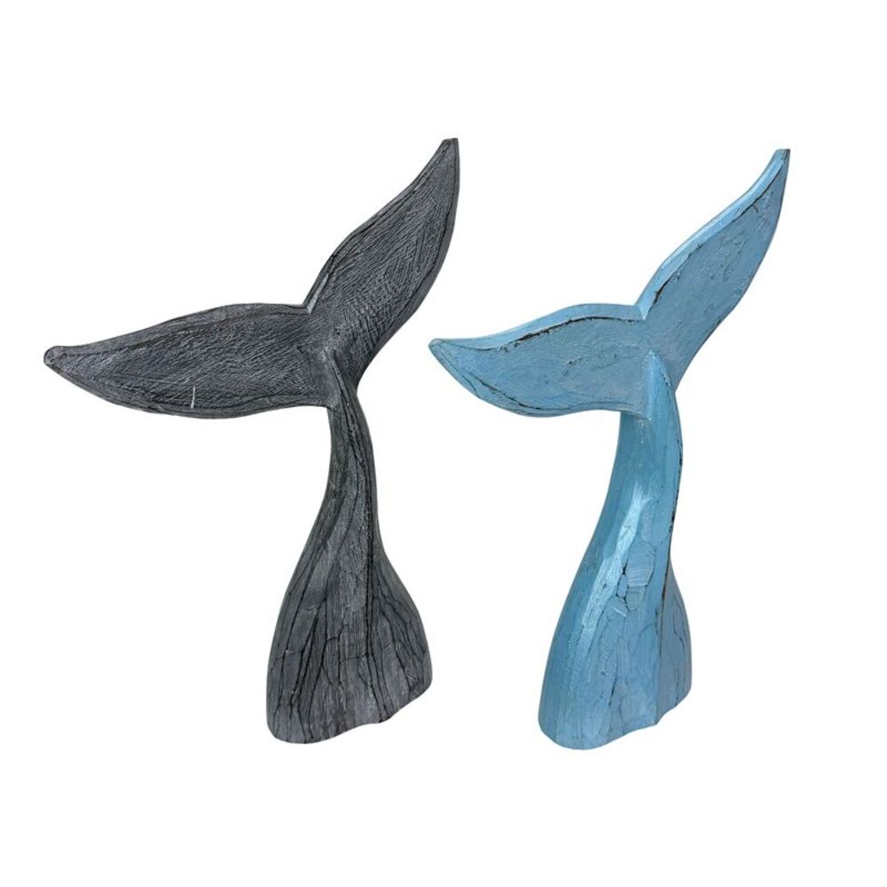 Wood Whale Tail Statues Set of 2 Coastal Blue Gray 15.75 in Decor